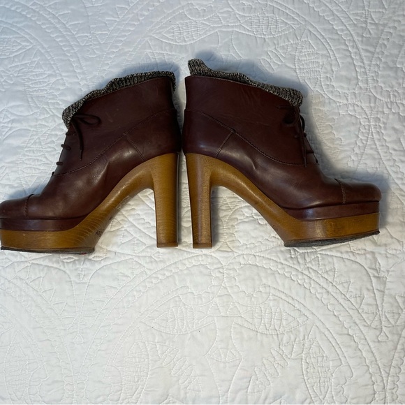 CHLOÉ Brown Leather Lace Up Ankle Platform Boot Knit Top Booties Size 39 US 8.5 - Picture 5 of 16